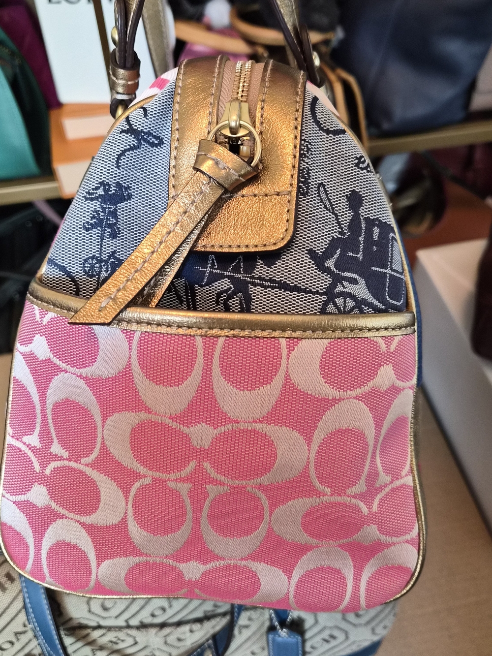 COACH Pink and Gold Patchwork Bowler Satchel Bag EUC F17164 - Picture 4 of 8